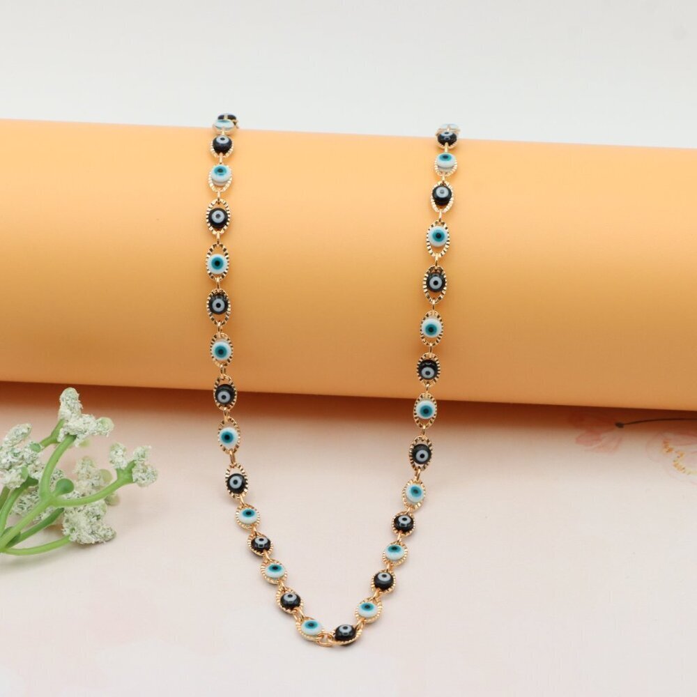 Rose Gold Evil Eye Charm Necklace with Blue & Black Bead Design, XPNL0249